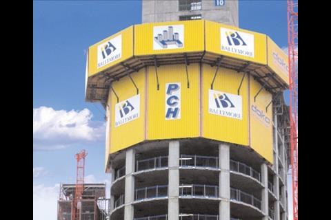 The Doka Windshield is guided by a climbing system up the side of a structure, which allows large units to be hoisted quickly with minimal crane time